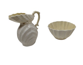 Belleek Neptune featherweight porcelain off white and yellow coffee creamer pitcher and open salt cellar / sugar bowl