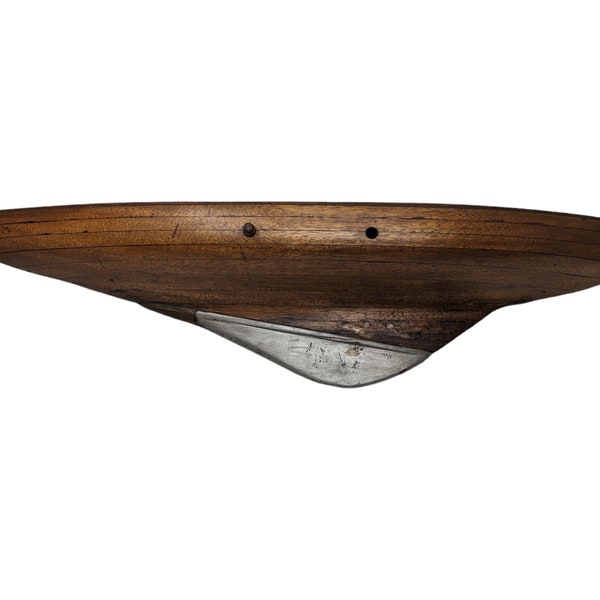 Antique hand crafted 28" x 6.25" mahogany wood boat ship full hull model with metal keel and peg mounts