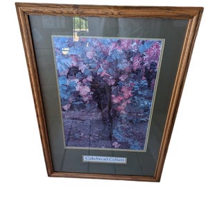 May include: Framed print of a vineyard scene with purple and blue leaves. The print is in a brown wooden frame with a green mat. The text "Cakebread Cellars" is visible at the bottom of the print.