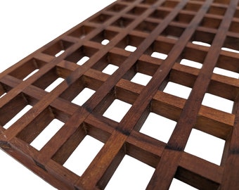 vintage MCM 9" x 13" teak wood lattice trivet with cutout handles