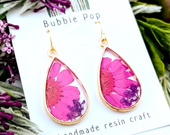 Pressed Flower Resin Earrings, Plated French Hook, Statement Jewelry