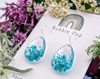Handmade Pressed Blue Flower Resin Earrings, 18k Gold Arc