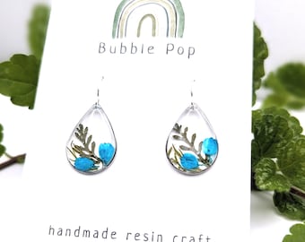 Handmade Resin Earrings, Blue Alyssum Pressed Flower, Hypoallergenic