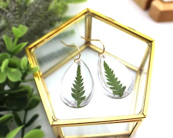 Handmade Resin Earrings, Real Pressed Fern Leaf, Gold Plated Hooks