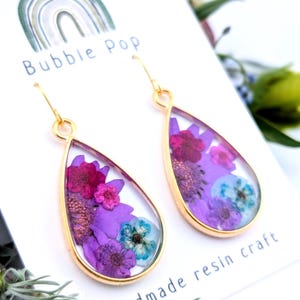 Pressed flower earrings, Resin flower, Dry flower earrings, Purple flower earrings, Handmade resin, Resin jewelry