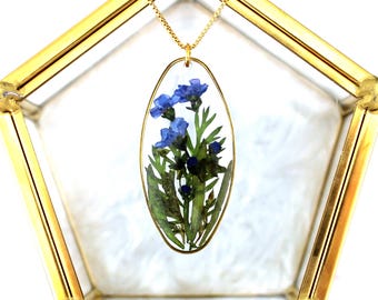 Resin Flower Pendant Necklace, Forget-Me-Not, 18k Gold Chain