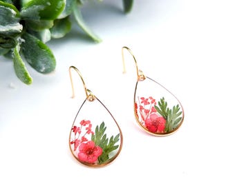 Red Pressed Flower Earrings, Gold Plated, Handmade Resin Jewelry