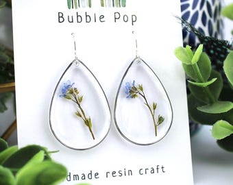 Pressed flower earrings, Resin flower, Dry flower earrings, Forget me not earrings, Handmade resin, Resin jewelry