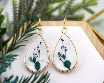 Handmade Pressed Flower Resin Earrings, Gold Plated