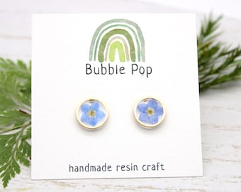 Pressed Forget-Me-Not Flower Resin Earrings, 18k Gold Studs