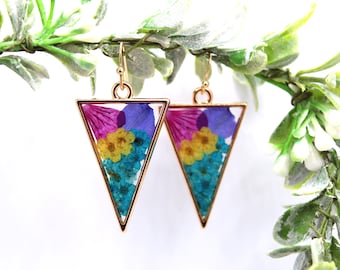 Resin Earrings, Triangle Pressed Flower Dangles, Unique Statement Jewelry