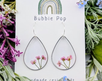 Handmade Pressed Flower Resin Earrings, Sterling Silver, Sweet Alyssum