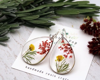 Pressed flower earrings, Resin flower, Dry flower earrings, Red flower earrings, Handmade resin, Resin jewelry