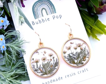 Pressed White Spirea Flower Earrings, 18k Gold Plated, Resin Jewelry