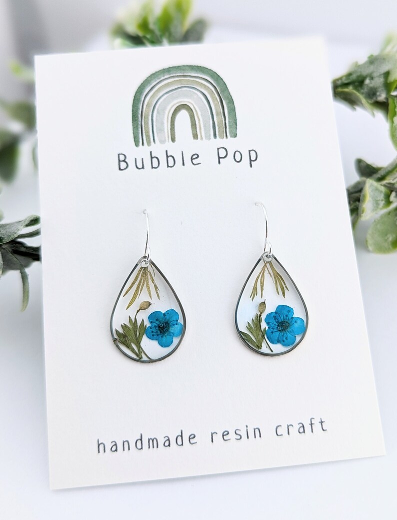 Pressed flower earrings, Resin flower, Dry flower earrings, Blue flower earrings, Handmade resin, Resin jewelry image 2