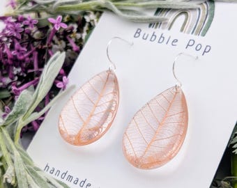 Handmade Pressed Flower Resin Earrings, Leaf Skeleton Jewelry