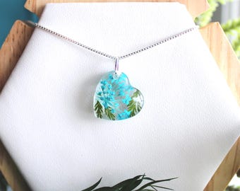 Pressed Queen Anne's Lace Flower Necklace, Sterling Silver Heart Resin Pendant
