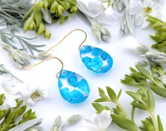 Oorbellen met geperste bloemen, harsbloem, oorbellen met droge bloemen, oorbellen blauwe bloemen, handgemaakte hars, harssieraden