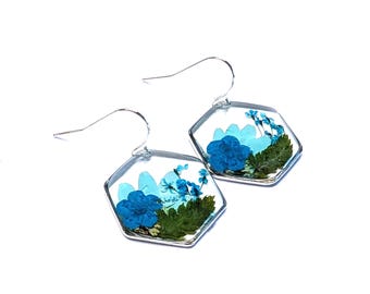 Oorbellen met geperste bloemen, harsbloem, oorbellen met droge bloemen, oorbellen blauwe bloemen, handgemaakte hars, harssieraden