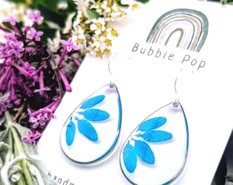 Handmade Resin Earrings, Pressed Blue Daisy, Sterling Silver Hook