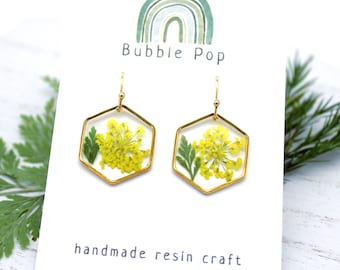 Handmade Pressed Yellow Queen Anne's Lace Resin Earrings