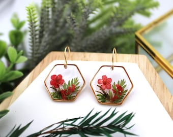 Handmade Pressed Red Flower Resin Earrings, Gold Plated