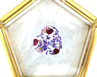 Pressed Flower Heart Necklace, 925 Sterling Silver, Resin Pendant