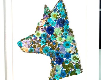 Pressed Flower Dog Silhouette Art, Memorial Animal Floral Design