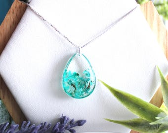 Teardrop Pressed Flower Resin Necklace, Sterling Silver Chain