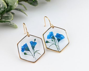 Pressed flower earrings, Resin flower, Dry flower earrings, Blue flower earrings, Handmade resin, Resin jewelry