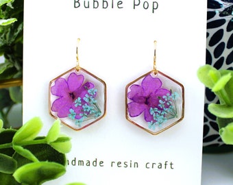 Handmade Resin Flower Earrings, 18k Gold Plated, Hydrangea