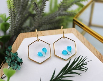 Pressed Blue Flower Resin Earrings, 18k Gold Plated, Hypoallergenic