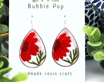 Handmade Pressed Daisy Resin Earrings, Sterling Silver Hooks