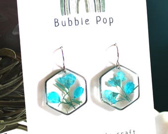 Pressed Blue Flower Resin Earrings, Handmade Jewelry