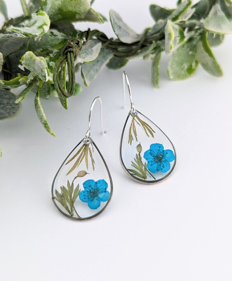 Pressed flower earrings, Resin flower, Dry flower earrings, Blue flower earrings, Handmade resin, Resin jewelry image 1