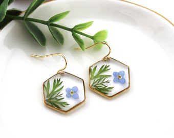 Pressed flower earrings, Resin flower, Dry flower earrings, Forget me not earrings, Handmade resin, Resin jewelry