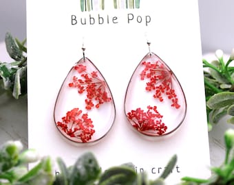 Red Queen Anne's Lace Resin Earrings, Hypoallergenic Jewelry