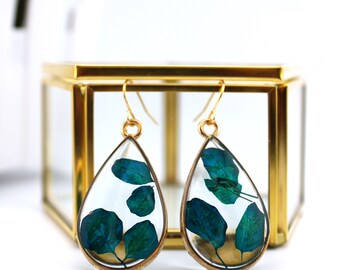 Teardrop Resin Earrings, Pressed Blue Flowers, Gold Plated Hooks