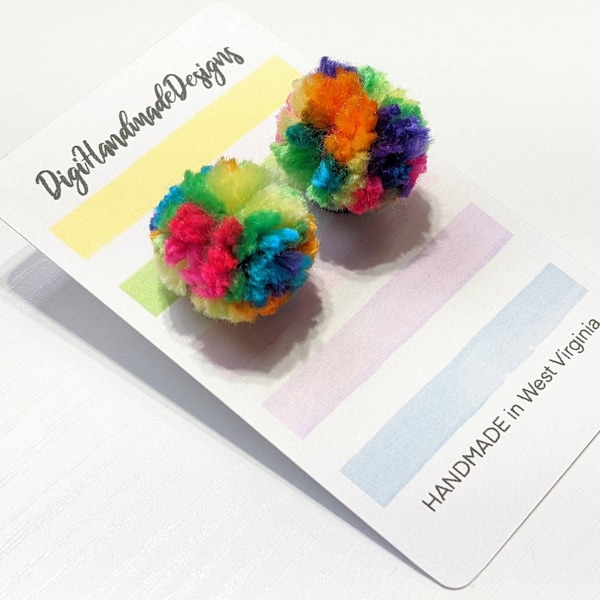 POM POM Stud Earrings // Rainbow Poms / Multicolor Pompom Earring / Gift for Girls / Mini Pom Poms / Handmade Poms / Colorful Yarn Earrings