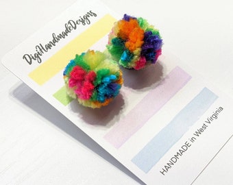 POM POM Stud Earrings // Rainbow Poms / Multicolor Pompom Earring / Gift for Girls / Mini Pom Poms / Handmade Poms / Colorful Yarn Earrings