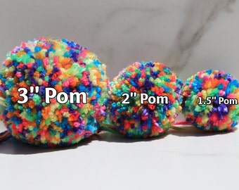 Rainbow Bright Mixed Pompom // 3" Pom Poms / 2 inch / 1.5 inch Pom / Multicolor Poms for Skates / Large Pompoms for Hats / Small Mini Poms