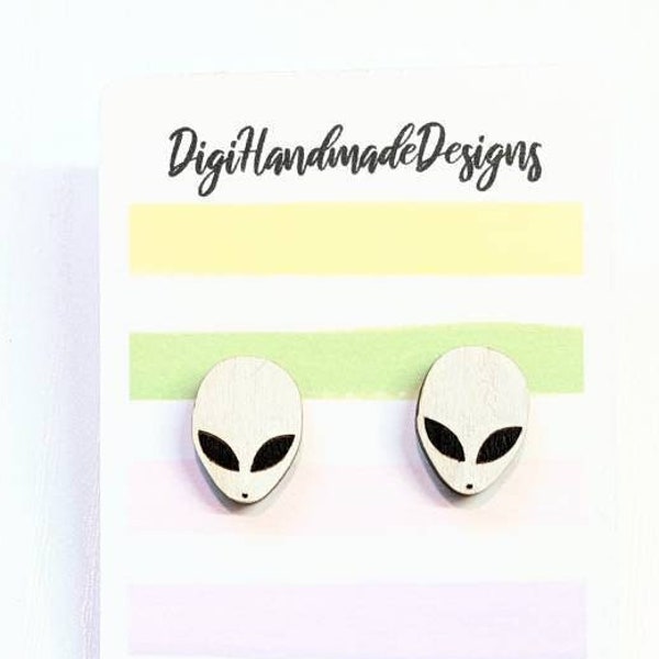 Alien Head Earrings // White and Black Aliens / ET Studs / Sci-Fi Jewelry / Cute Hand Painted / Handmade Earrings / Stainless Steel Post