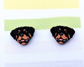 Rottweiler Earrings, Hand Painted Stud Earrings, Gift for Rottie Owner, Rott Lover, Dog Mom, Black and Brown, Rottweiler Face Jewelry