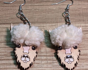 Alpaca Earrings, Yarn Pompom Animal, Hand Painted Alpaca Face, Cute Alpaca Farm Gift, Pom Poms, Llama, Lama, Camel, Wood Charm, Drop Earring