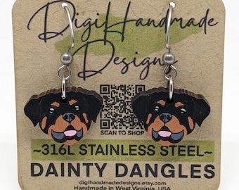 Rottweiler Earrings / Dog Lover Gift / Rottie Jewelry / Dainty Dangles / Lightweight Earrings / Hypoallergenic Stainless Steel