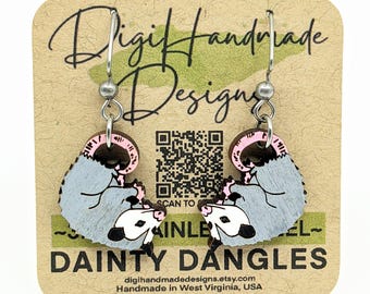 Opossum Earrings / Dainty Dangles / Possum Jewelry / Woodland Animal Earrings / Cute Critter Gift / Lightweight Earrings / Hypoallergenic