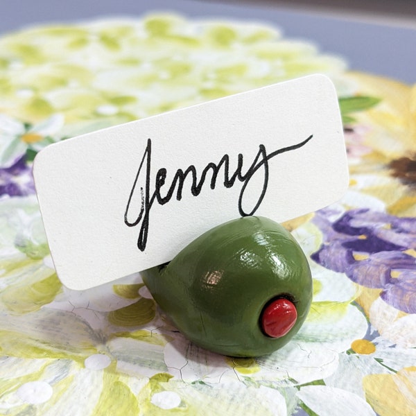 Green Olive with Pimento Filling Place Card Holder, Small Handmade Clay Stand for Labels, Photos, or Seating Name Cards