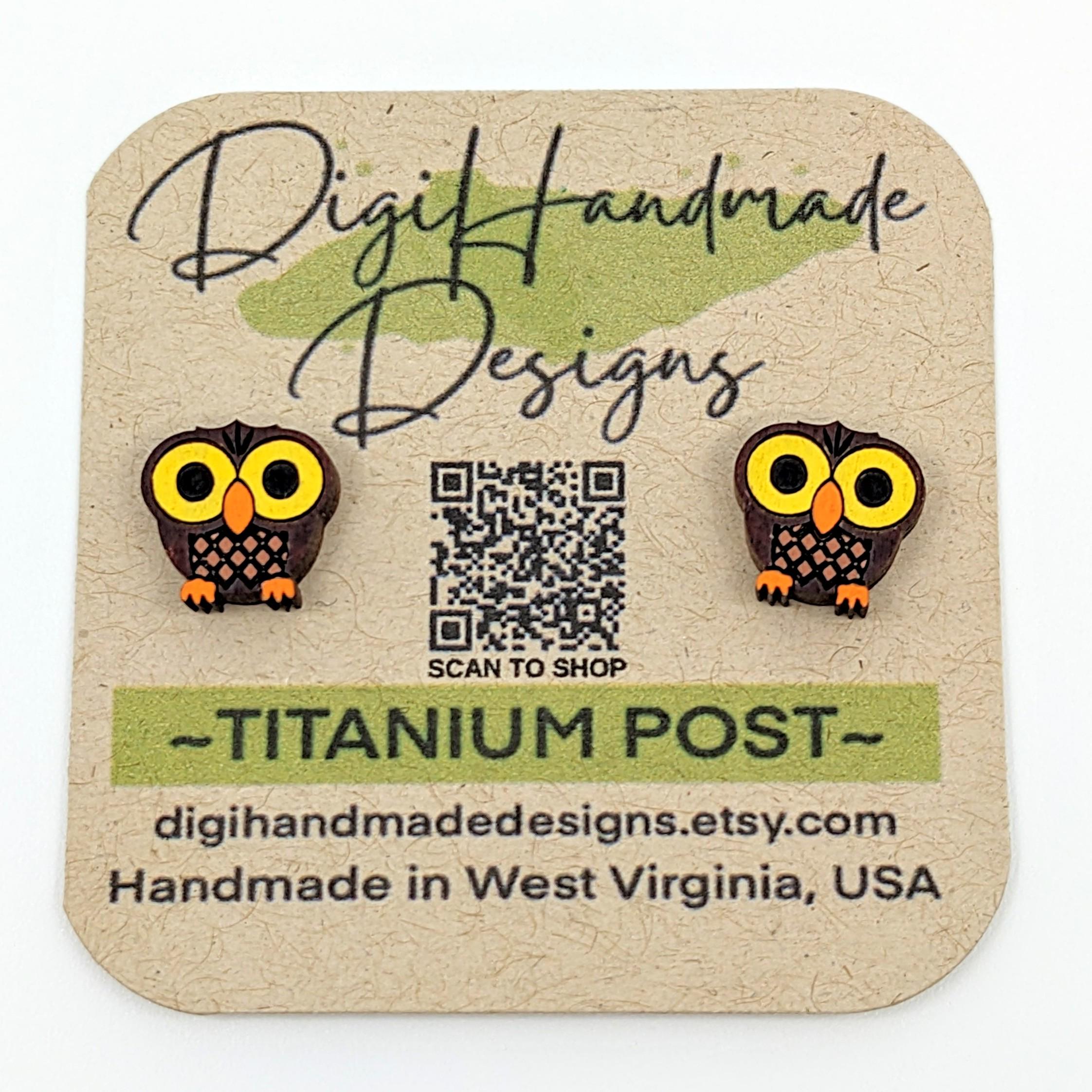 Hoot Owl Earrings / Handpainted Woodland Animal Bird Studs / Handmade in WV, USA