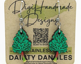 Rhubarb Leaf Earrings / Dainty Dangles / Garden Veggie Jewelry / Vegetable Food Earrings / Stainless Steel / Hypoallergenic
