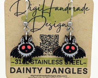 Cute Mothman Earrings / Cryptid / Red Eyed Mothman / Dainty Dangles / West Virginia Halloween Monster / Paranormal Gift / Hypoallergenic
